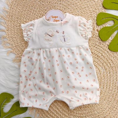 Macacão Curto Malha Trape Zape - Borboleta e Borboletinhas - Off White e Salmão